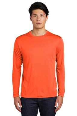 An orange long sleeve T-shirt featuring a logo, modelled by a person standing.