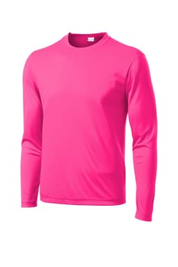 A pink long sleeve t-shirt with a round neckline and a logo on the front.
