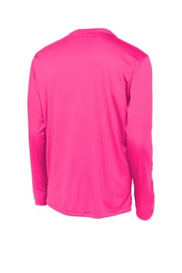 A long sleeve T-shirt in bright pink, featuring a smooth, lightweight fabric and a logo on the back.