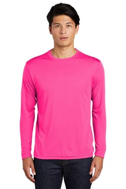 A long sleeve T-shirt in a vibrant pink colour, featuring a logo on the front.