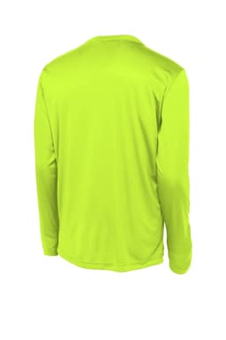 A long sleeve t-shirt in bright lime green with a plain back and a logo on the upper back area.