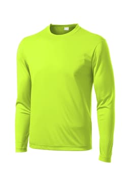 A long sleeve, bright lime green T-shirt featuring a logo, made from moisture-wicking fabric.