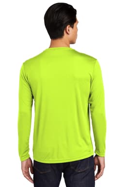 A long sleeve bright lime green t-shirt featuring a logo on the back.