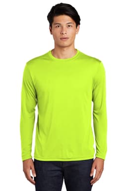 A long sleeve PosiCharge Competitor Tee in bright green, featuring a simple design and a logo on the front.