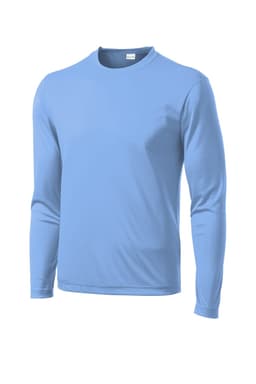 A light blue long sleeve t-shirt made of moisture-wicking fabric, featuring a logo on the front.