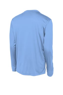 A light blue long sleeve t-shirt with a back view, featuring a logo on the sleeve.