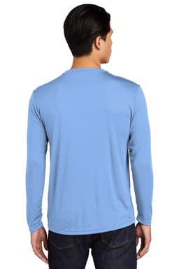 A light blue long sleeve t-shirt with a smooth fabric finish, featuring a brand logo on the back.
