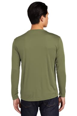 A long sleeve olive green T-shirt with a smooth finish, featuring a logo on the back.