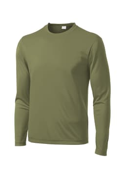A long sleeve t-shirt in olive green with a casual fit and a logo on the front.