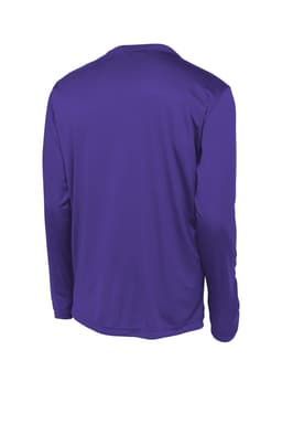 A long sleeve purple athletic tee featuring a simple design and a logo on the back.
