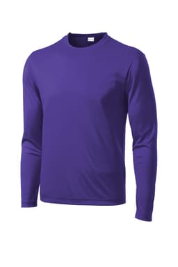 A purple long sleeve t-shirt with a crew neckline and a logo on the chest. Suitable for active wear.