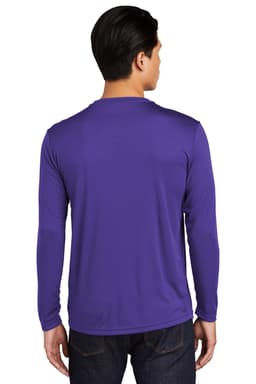 A man wearing a purple long sleeve t-shirt, showcasing a smooth fabric and a back view design.