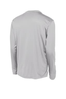 A long sleeve, light grey athletic t-shirt with a smooth texture and a logo on the back.