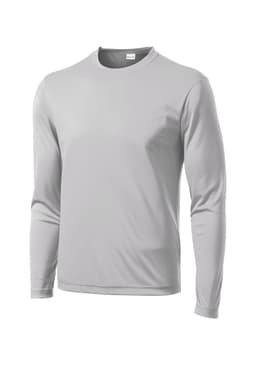 A light grey long sleeve t-shirt with a smooth finish and a logo on the chest. Suitable as a casual wear option.