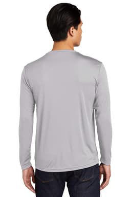 A grey long sleeve shirt with a smooth finish and a logo on the back. Suitable for casual wear.