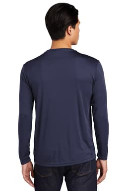 Long sleeve navy blue performance tee with a smooth finish and a logo.