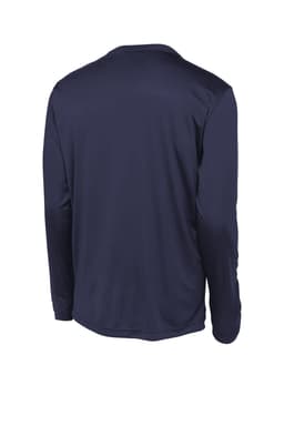 A navy long sleeve t-shirt featuring a smooth design and a branding logo on the back.
