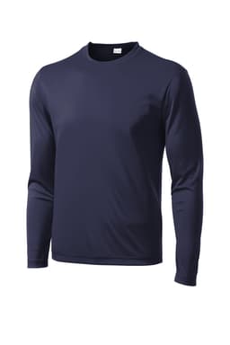 A navy long sleeve t-shirt with a round neck, featuring a logo on the chest.