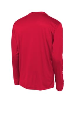 A red long sleeve t-shirt from Sport-Tek, featuring a smooth fabric and a branding logo.