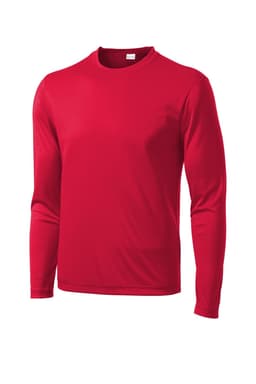 A red long-sleeve tee made from lightweight fabric, featuring a logo on the front. Ideal for sportswear.