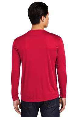 A red long sleeve t-shirt with a plain back, featuring a logo on the upper back.