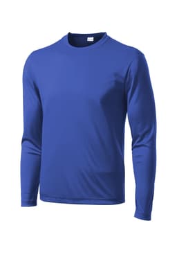 A long sleeve blue t-shirt with a smooth fabric finish and a crew neckline. It has a logo on the front.
