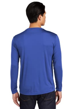 A blue long sleeve t-shirt with a smooth finish, featuring a logo. Designed for athletic wear.