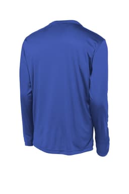 A long sleeve blue T-shirt featuring a smooth fabric, designed for athletic wear, with a discreet logo on the back.