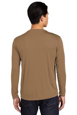 A long sleeve beige shirt for men, featuring a simple design and a back view showing a fitted style.