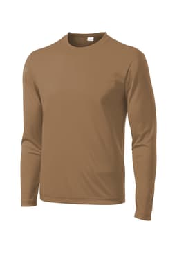 A brown long sleeve athletic t-shirt with a smooth finish and a logo on the front.