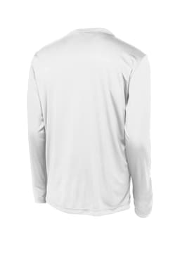 A long sleeve white t-shirt featuring a smooth fabric and a modern fit, with a logo on the back.
