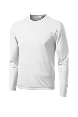 A white long sleeve T-shirt with a round neck and a logo. Made from PosiCharge fabric for enhanced durability.