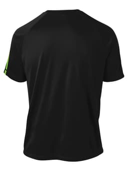 A black t-shirt with a colourblock design featuring green accents, showcasing a logo on the sleeve.