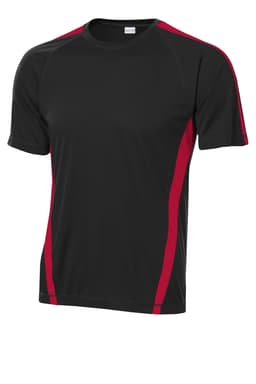 A black and red sporty t-shirt with a logo, featuring colourblock design and short sleeves.