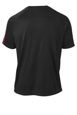 A black Sport-Tek Colorblock PosiCharge Competitor Tee featuring red accents and a logo. Designed as a short-sleeved shirt.