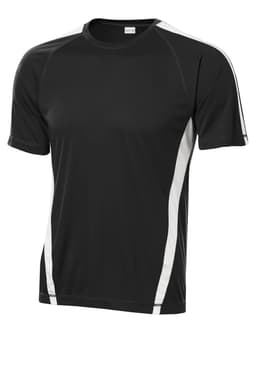 A black t-shirt with white colourblock accents and a logo, designed for sporting activities.