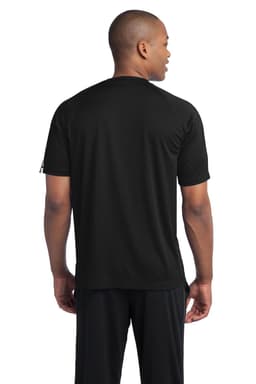 A black sport t-shirt features a colourblock design, with a simple back view and a visible logo.