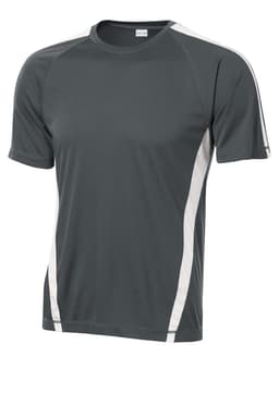 A dark grey short-sleeve t-shirt featuring contrasting light grey side panels and a logo on the chest.