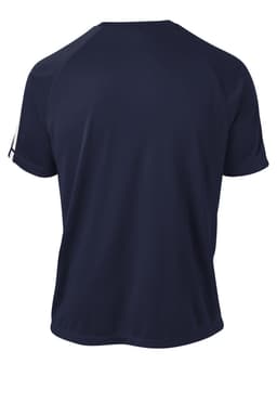 A navy blue Sport-Tek Colourblock PosiCharge Competitor Tee featuring a logo, viewed from the back.