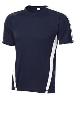A navy blue T-shirt featuring white side panels and a logo. Ideal for sports and casual wear.