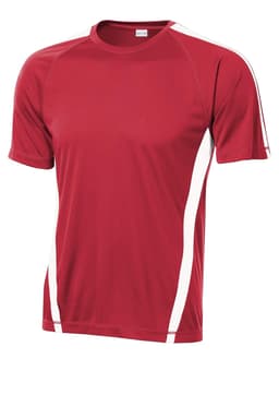 A red athletic t-shirt featuring white side panels and a logo. Suitable for sports and casual wear.
