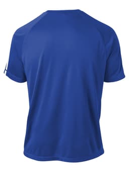 A blue Sport-Tek Colorblock PosiCharge Competitor Tee with a plain design and a logo on the sleeve.