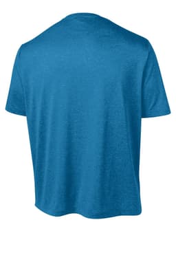 A blue heather T-shirt with a crew neck and short sleeves, featuring a logo on the back.