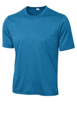 A blue heather t-shirt featuring short sleeves and a round neckline, with a logo on the collar.
