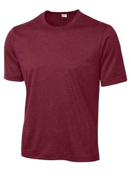 A maroon Sport-Tek Heather Contender Tee featuring short sleeves and a crew neckline, with a branding logo.