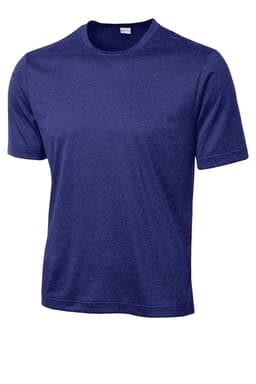 A navy blue Sport-Tek Heather Contender Tee with short sleeves and a logo.