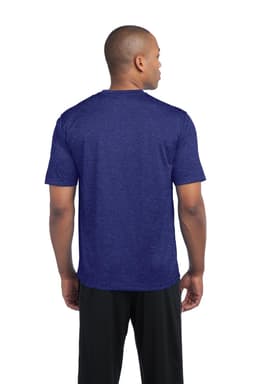 A man wearing a blue heather T-shirt, viewed from the back, with short sleeves and a basic design.