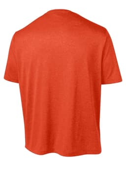 A red heather T-shirt with a round neck and short sleeves, featuring a logo on the back.