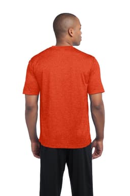 A man wearing an orange heather T-shirt, viewed from the back, with short sleeves and a logo on the shirt.