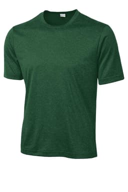 A green heather T-shirt with a crew neckline and short sleeves, featuring a logo.